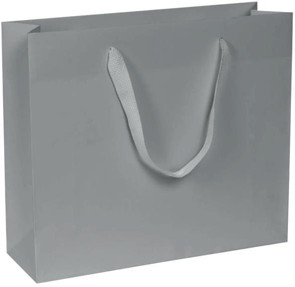 carta kraft bianco stampa grigio con listelli di rinforzo nel risvolto e sul fondo, manici in fettuccia grigio a trama quadra
