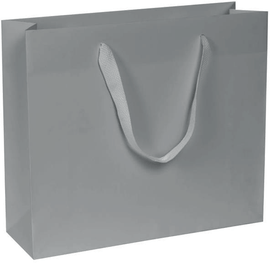 carta kraft bianco stampa grigio con listelli di rinforzo nel risvolto e sul fondo, manici in fettuccia grigio a trama quadra