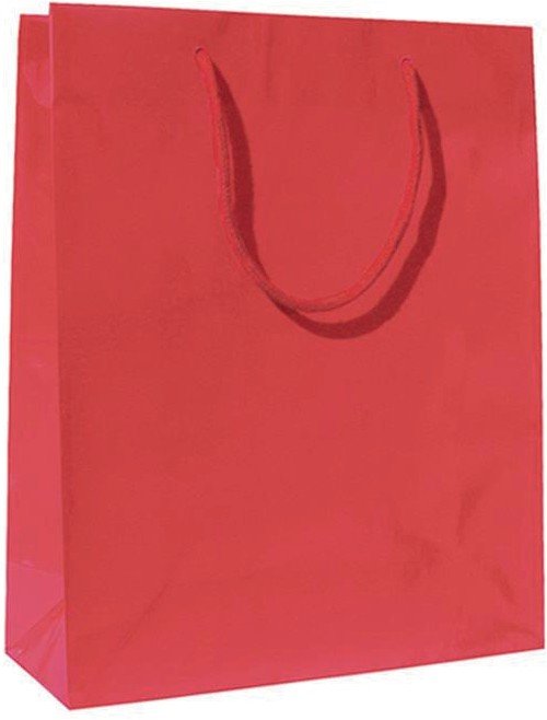 carta patinata bianca stampa rossa plastificazione lucida, maniglia in cotone rossa