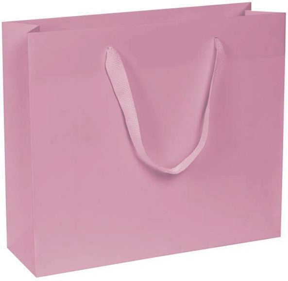 carta kraft bianco stampa rosa con listelli di rinforzo nel risvolto e sul fondo, manici in fettuccia rosa a trama quadra