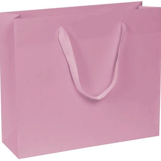 carta kraft bianco stampa rosa con listelli di rinforzo nel risvolto e sul fondo, manici in fettuccia rosa a trama quadra