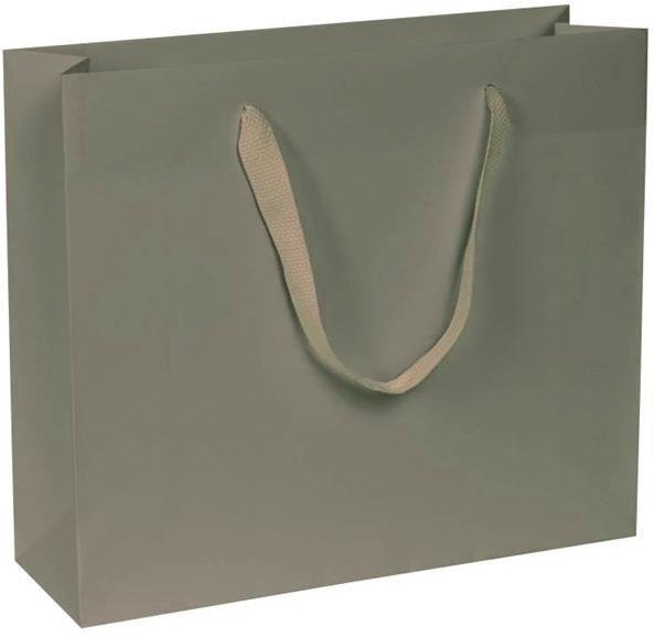 carta kraft bianco stampa beige con listelli di rinforzo nel risvolto e sul fondo, manici in fettuccia beige a trama quadra