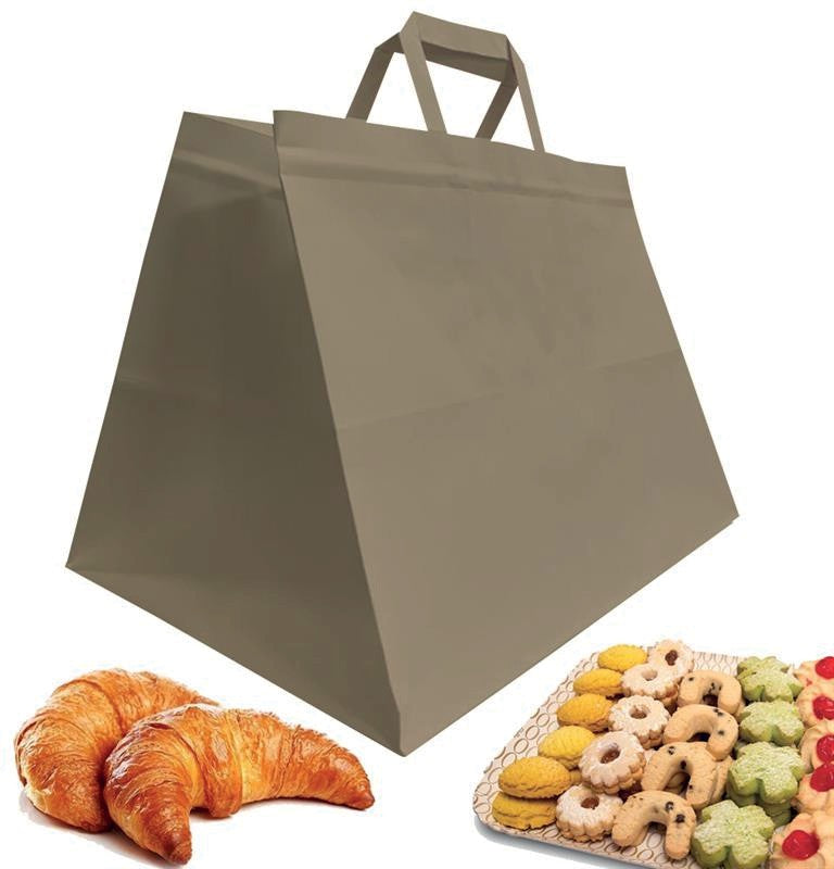 Shopper in carta Kraft Avana, Manico Piattina in tinta ed interno avana taglio vivo, da 90 a 110 gr