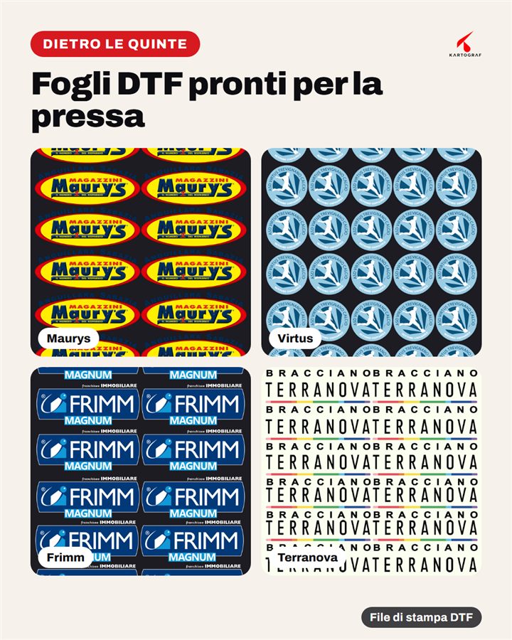 Fogli DTF con loghi pronti per la pressa