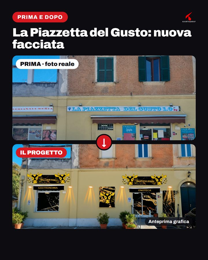 Prima e dopo: facciata di un negozio con la nuova insegna