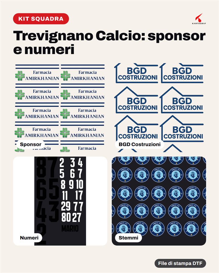 Sponsor e numeri DTF per una squadra di calcio
