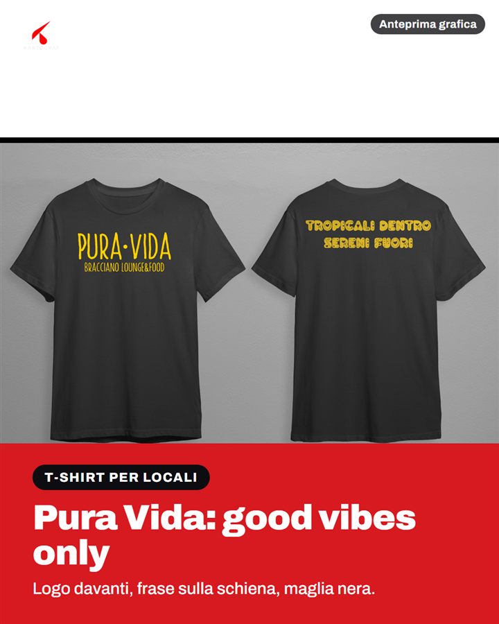 T-shirt nere con logo e frase sulla schiena per un locale