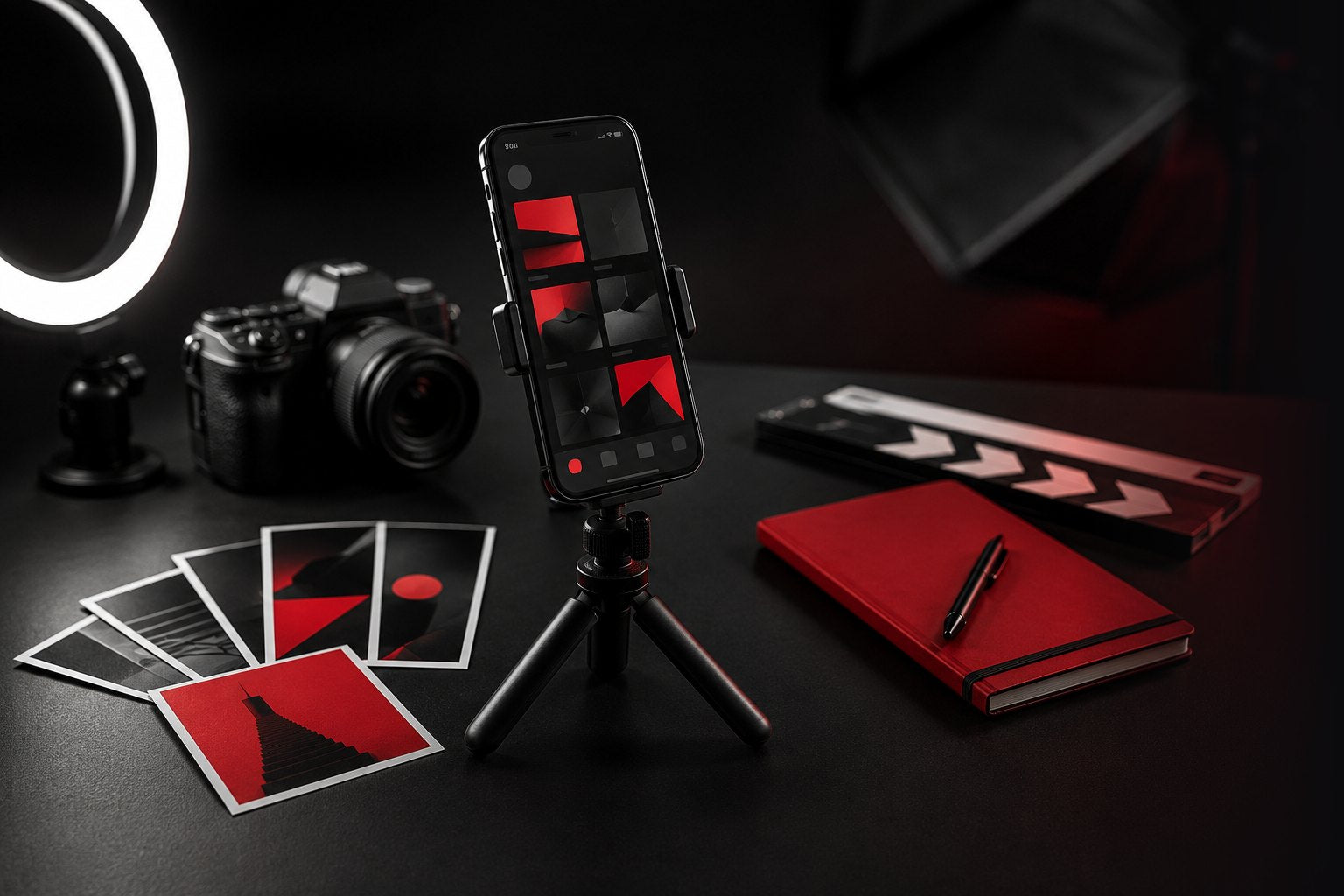 Set per i contenuti social: telefono su treppiede, fotocamera e quaderno rosso
