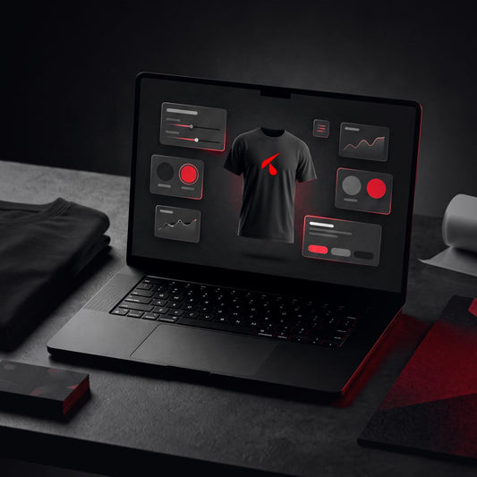 Laptop con un negozio online scuro: t-shirt nera con il logo K nel configuratore, su scrivania scura