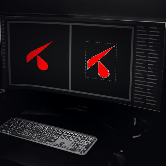 Monitor in studio scuro con il logo K: versione sgranata e tracciato vettoriale con punti di ancoraggio